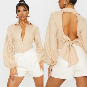 Pretty Little Things Sand Woven Open Back Tie Long Sleeve Shirt Size 4
